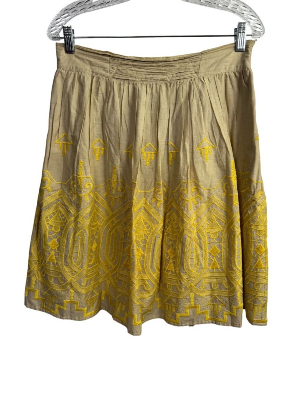 Anthropologie Tiny Beige Skirt Yellow Embroidered 100% Cotton Size Medium Boho